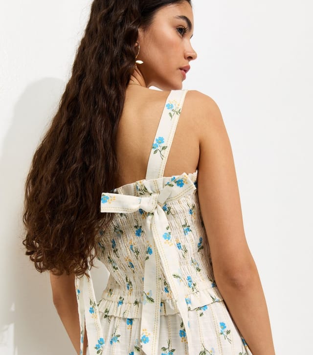 New Look Women's Cream Cotton Floral Print Shirred Tie Strap Midi Dress New Look - 2