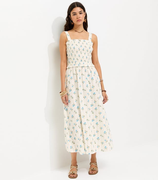 New Look Women's Cream Cotton Floral Print Shirred Tie Strap Midi Dress New Look - 3