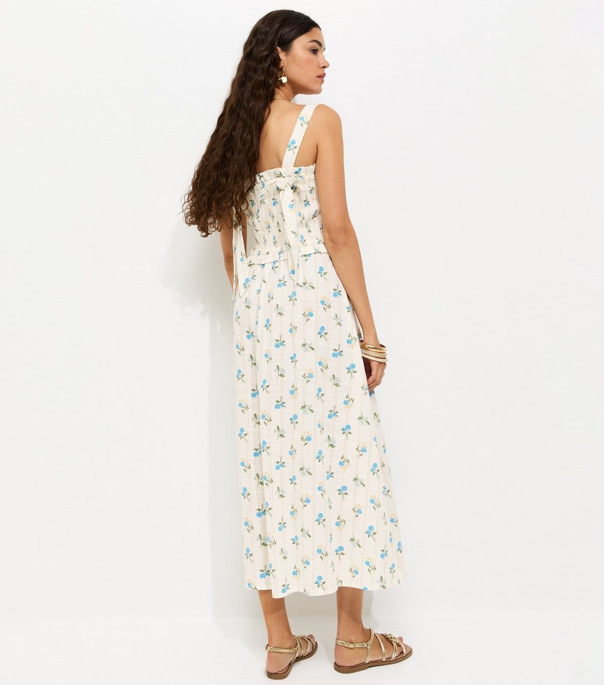New Look Women's Cream Cotton Floral Print Shirred Tie Strap Midi Dress New Look - 4