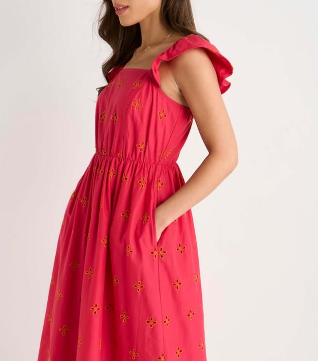 Gini London Women's Pink Ruffle Strap Broderie Embroidered Midi Dress Gini London New Look - 2