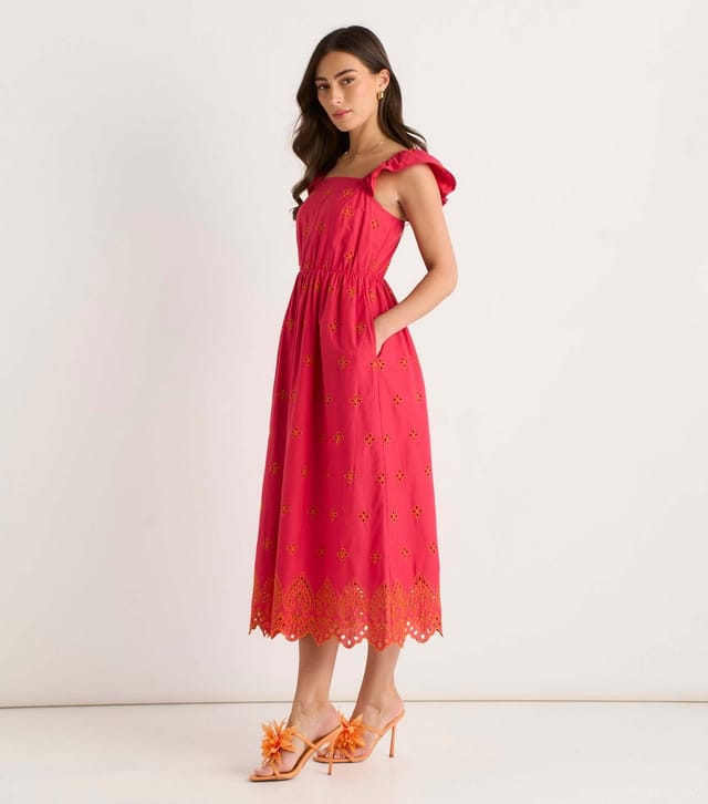 Gini London Women's Pink Ruffle Strap Broderie Embroidered Midi Dress Gini London New Look - 3