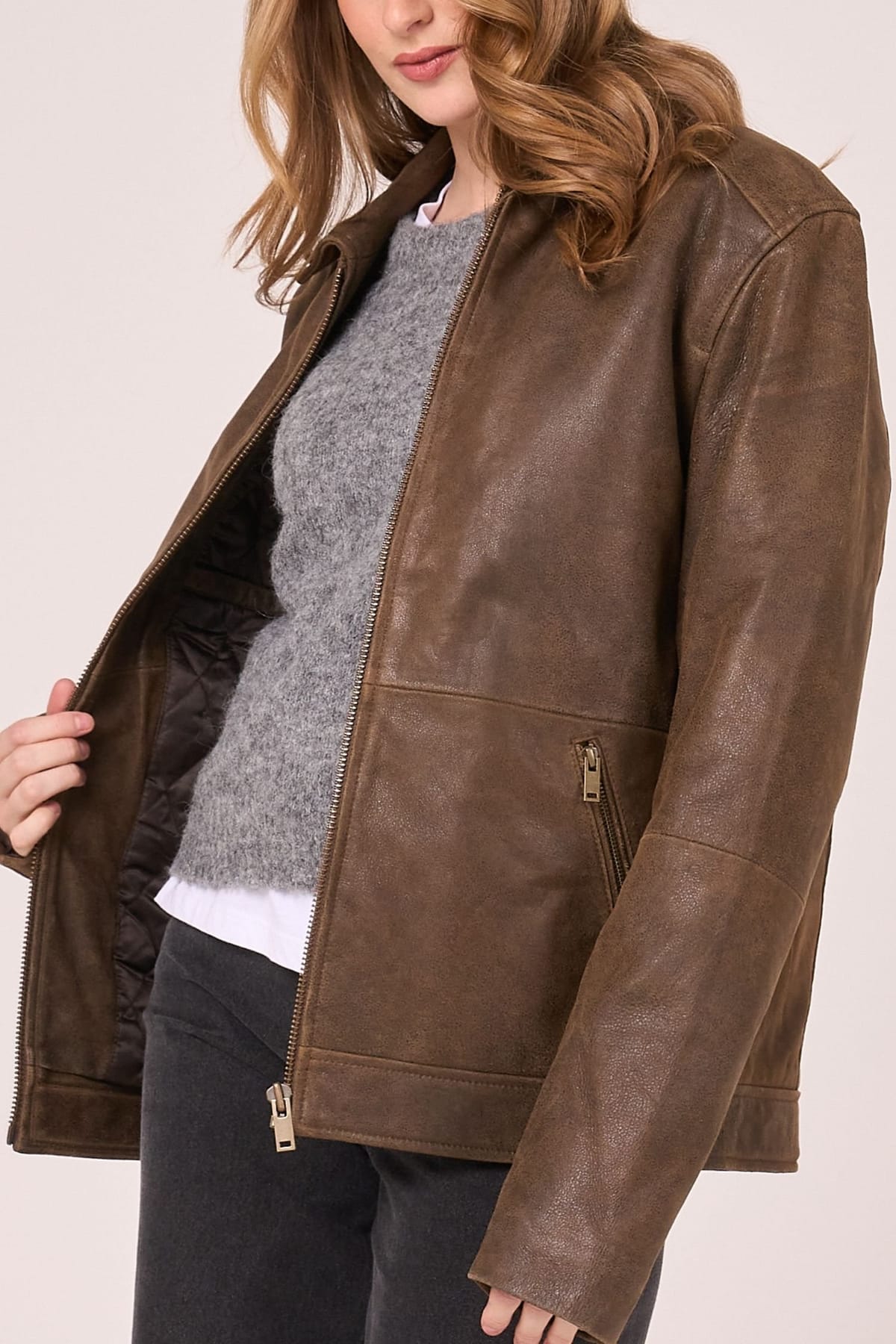 Barneys Originals Barneys Originals Women's Oversized Aged Real Leather Harrington Jacket in Brown - 1