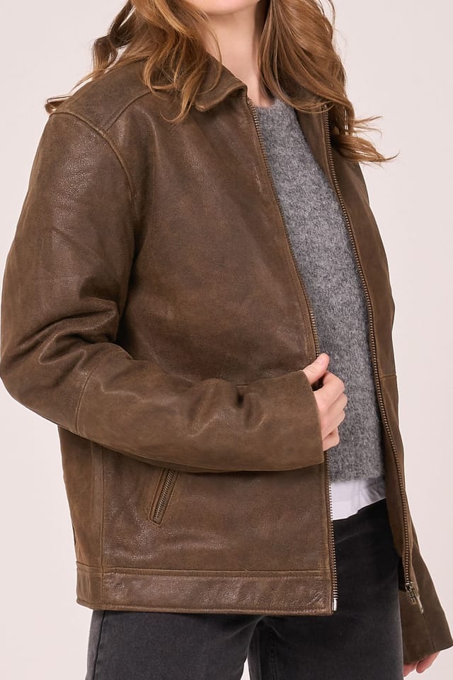 Barneys Originals Barneys Originals Women's Oversized Aged Real Leather Harrington Jacket in Brown - 3
