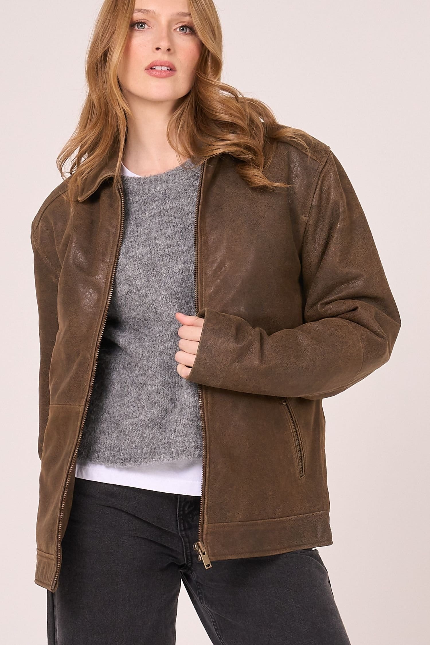 Barneys Originals Barneys Originals Women's Oversized Aged Real Leather Harrington Jacket in Brown - 4