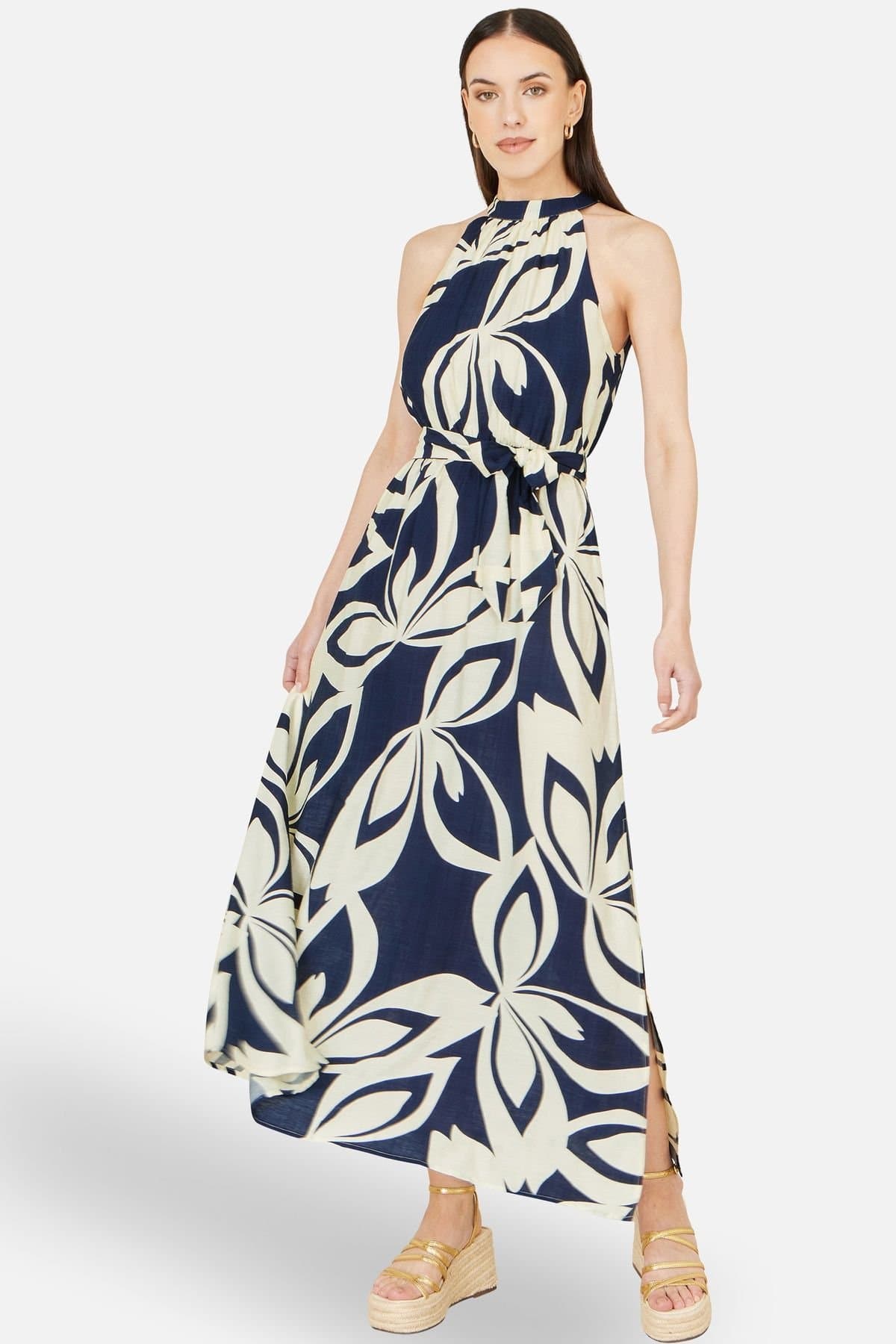 Yumi Yumi Women's Navy Geo Swirl Print Halter Maxi Dress in Mid Navy