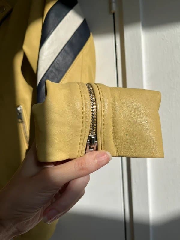 Topshop Topshop oversized real leather biker jacket in mustard with navy/white stripe detail, size 6 to 12