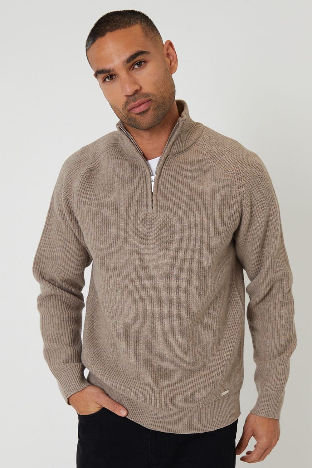 Threadbare Threadbare Men's Cotton Blend Rib Panel Quarter Zip Knitted Jumper in Taupe