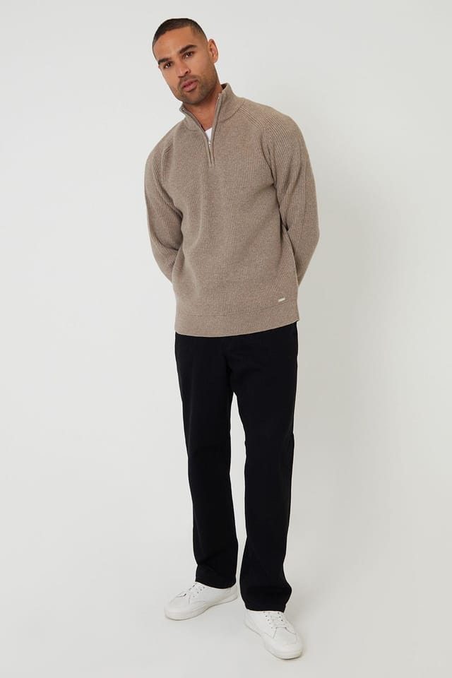 Threadbare Threadbare Men's Cotton Blend Rib Panel Quarter Zip Knitted Jumper in Taupe - 3