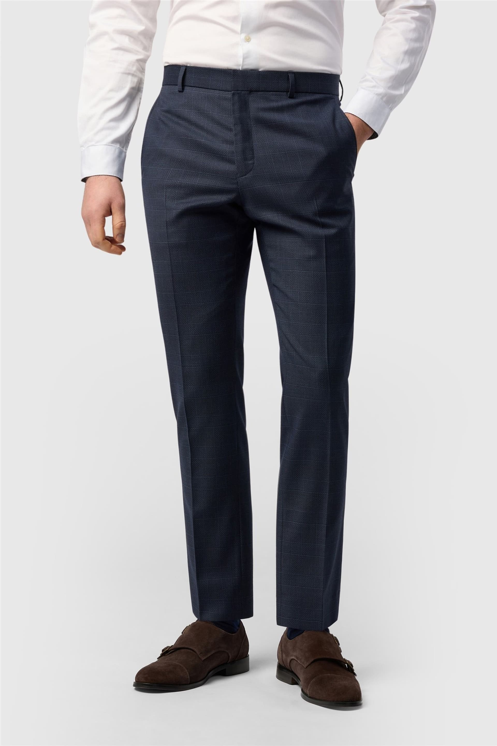 Ted Baker Ted Baker Men's Flat Fronted Checked Slim Fit Suit Trousers in Dark Blue