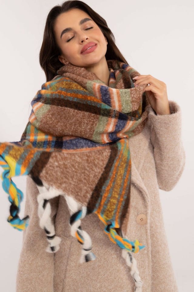 Love Lace Love Lace Women's Elegant Check Polyester Scarf with Decorative Tassels Warm in Brown - 2