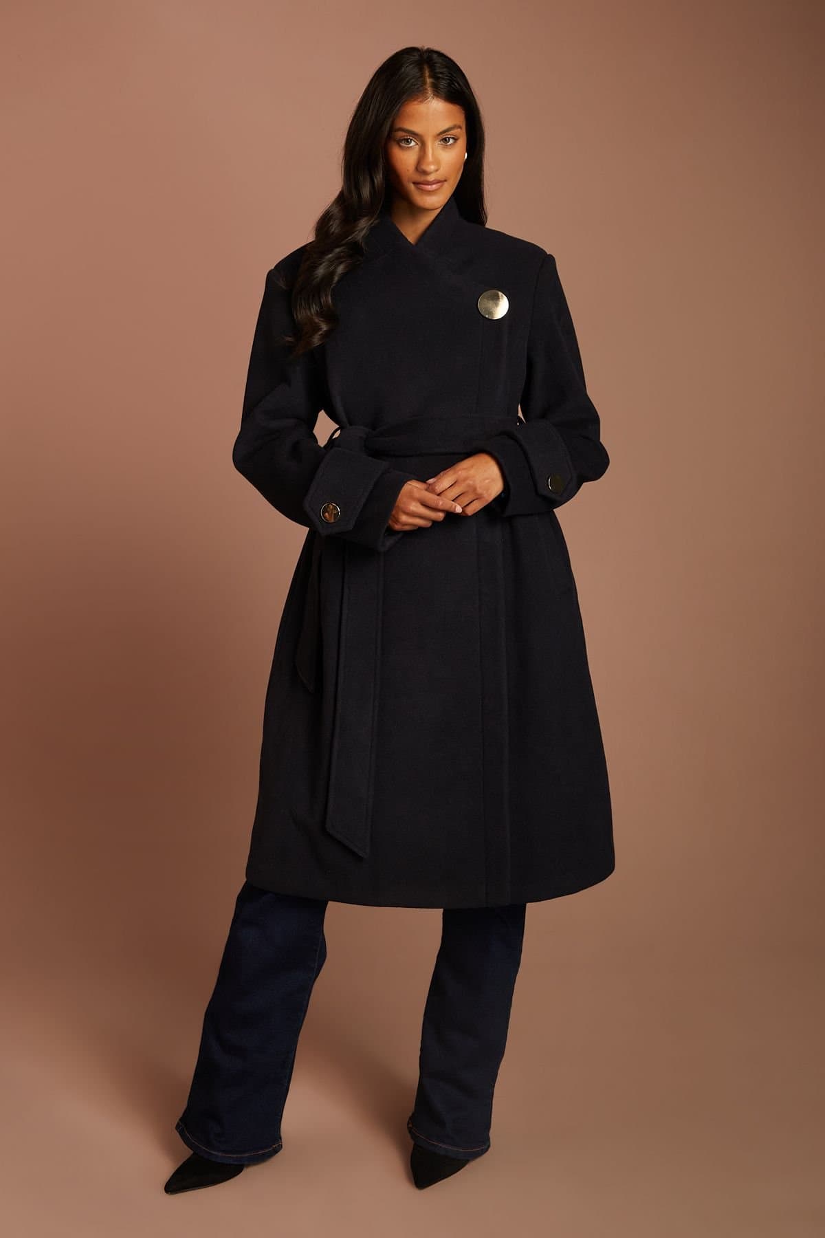 Coast Coast Women's Petite Asymetric Wrap Wool Look Belted Midi Coat in Navy