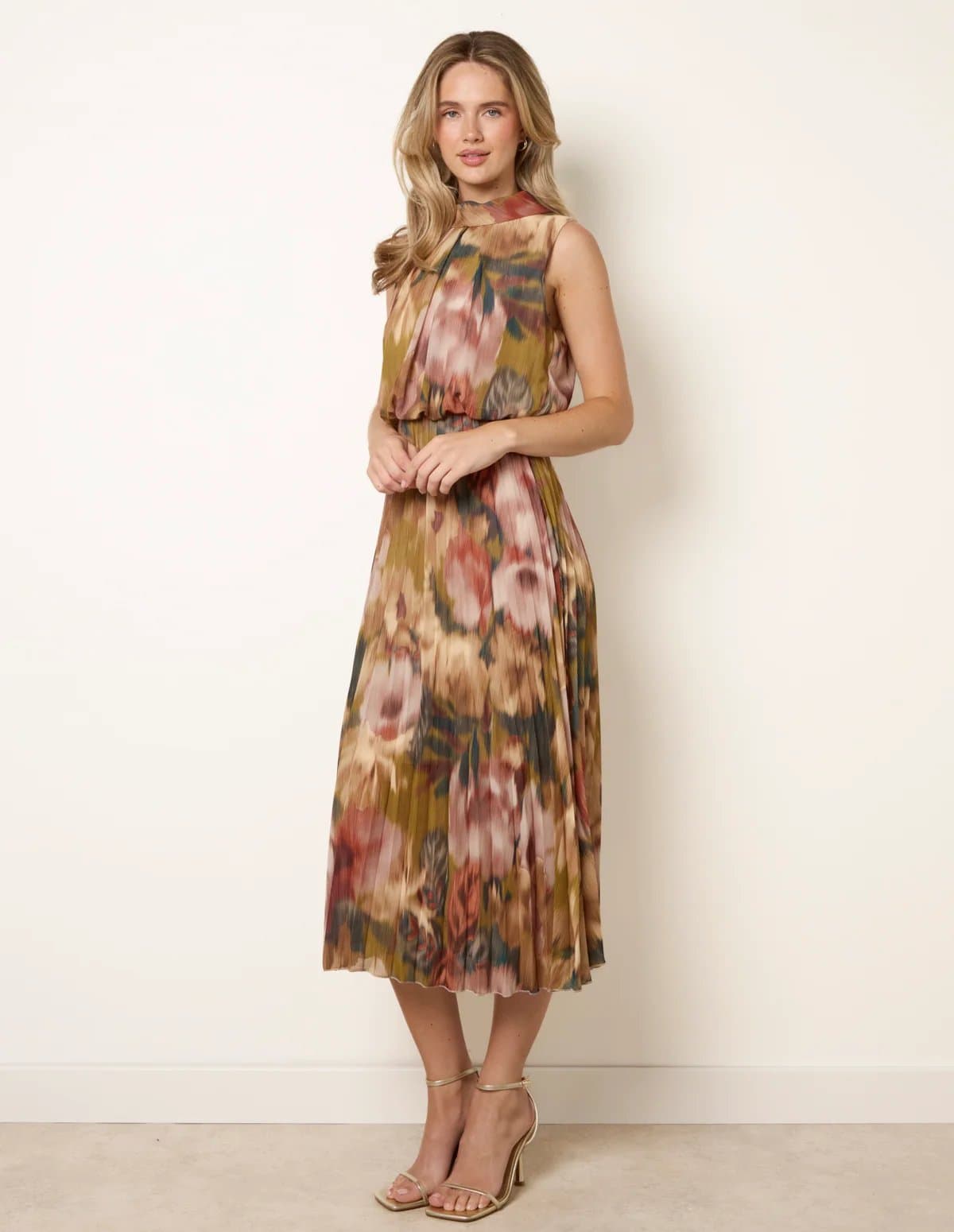 Blue Vanilla Sleeveless Cowl Neck Pleat Dress