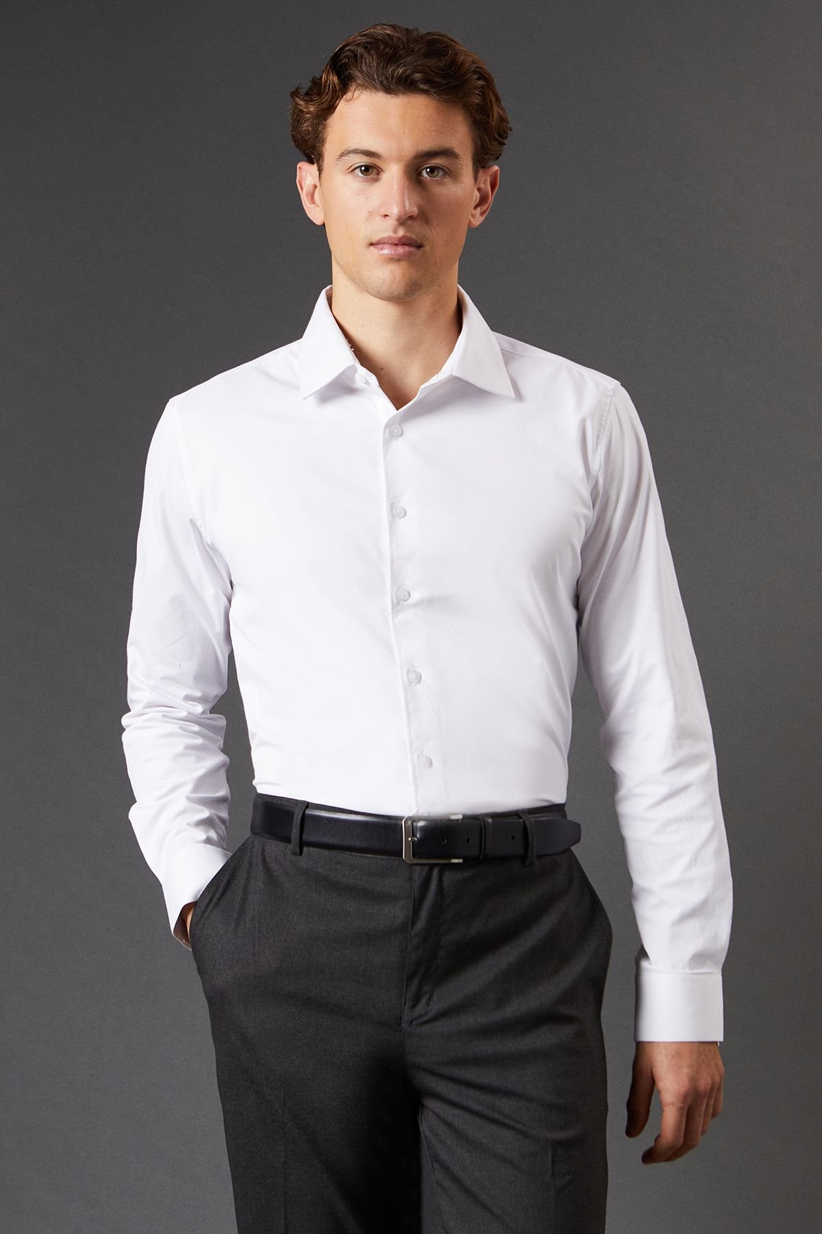 Burton Burton Men's White Slim Fit Long Sleeve Easy Iron Shirt - 2