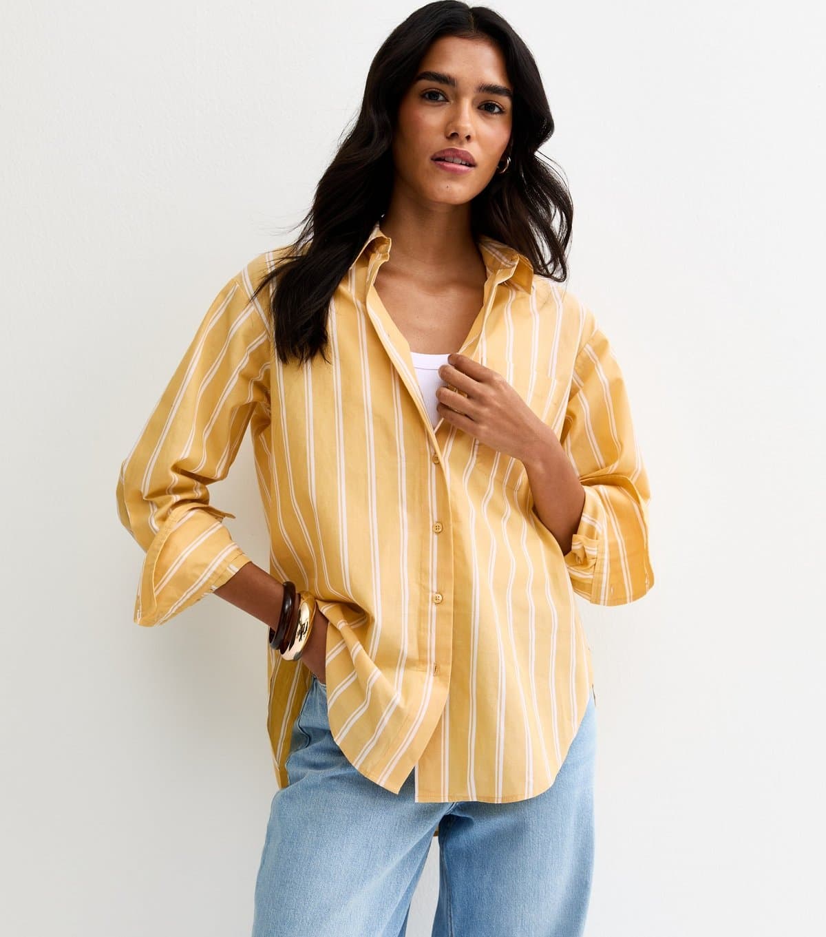 New Look Women's Yellow Cotton Striped Button Up Shirt New Look