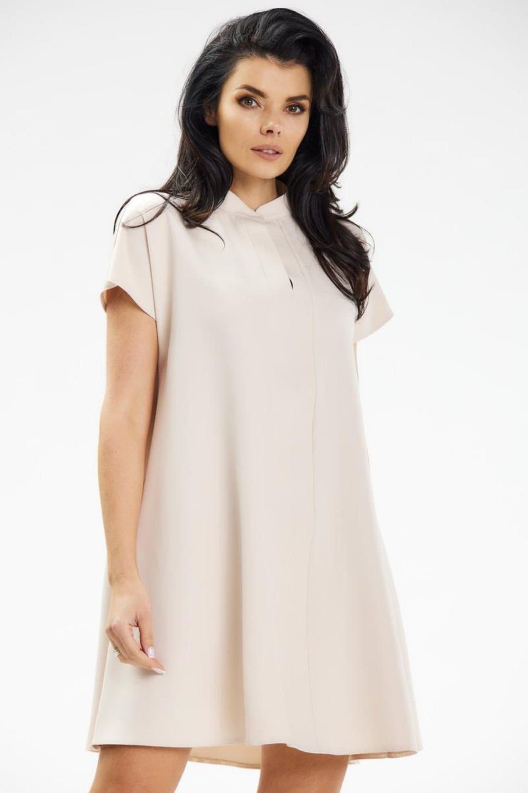 Love Lace Love Lace Women's Awama Trapeze Mini Dress Short Sleeve Stand Collar in Beige
