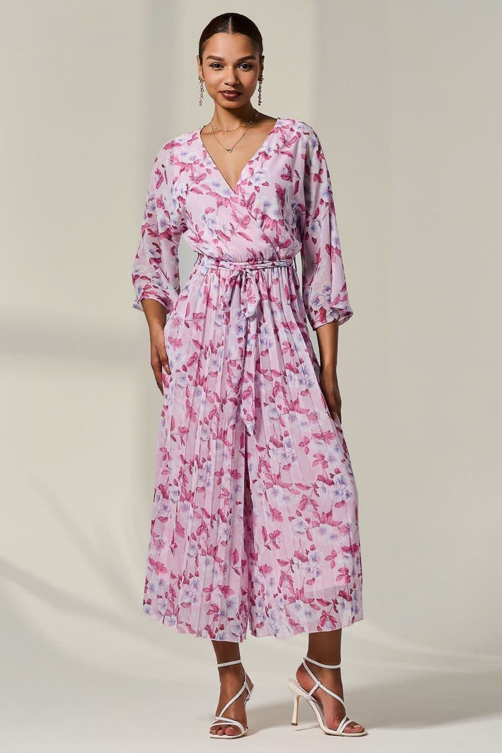 Jolie Moi Jolie Moi Women's Flared Printed Chiffon Jumpsuit in Light Pink