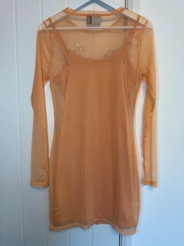 ASOS Design ASOS Design Embellished Mesh Bodycon Dress Nude Peach UK 12