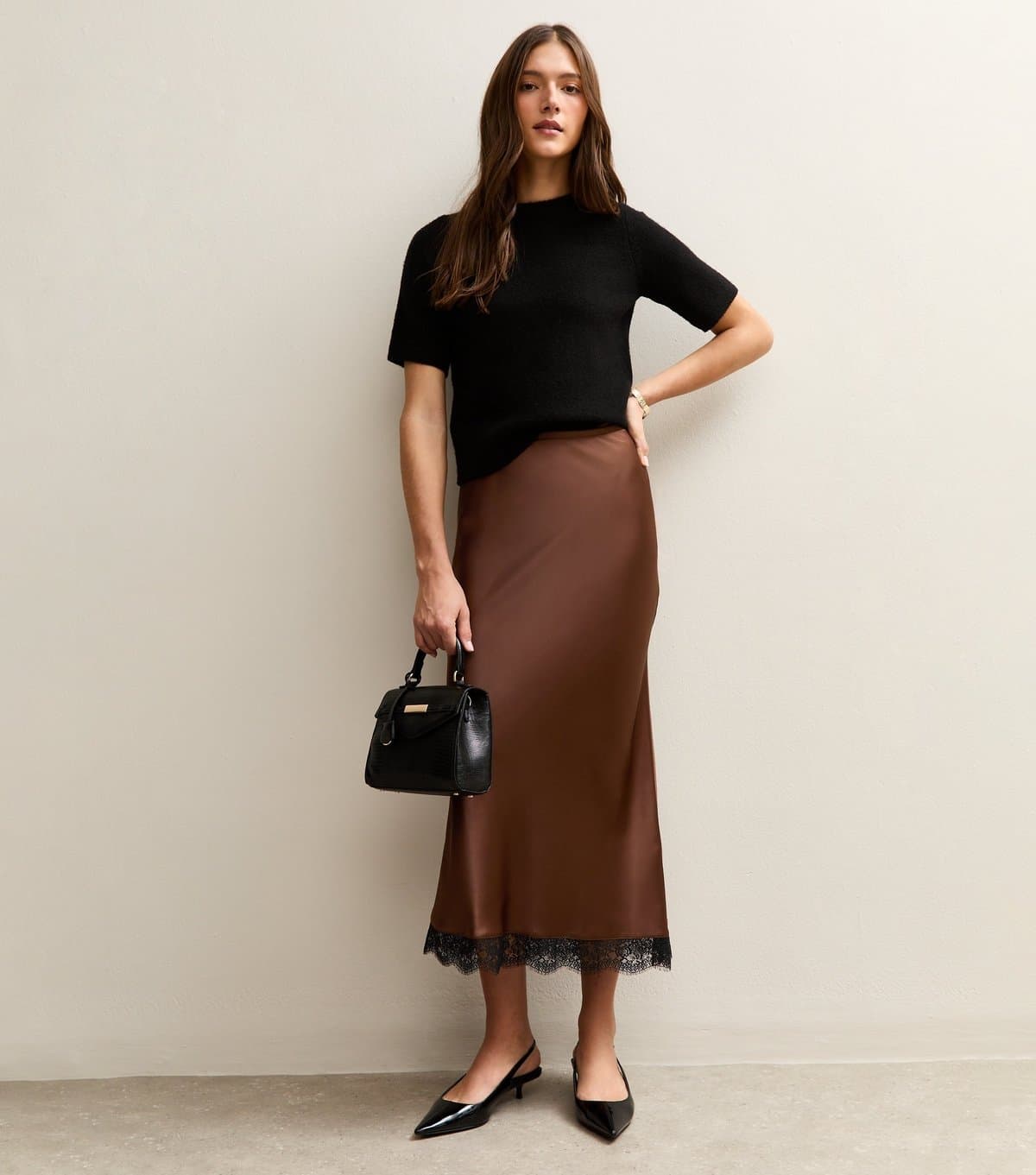 New Look Women's Dark Brown Lace Trim Midi Satin Skirt New Look