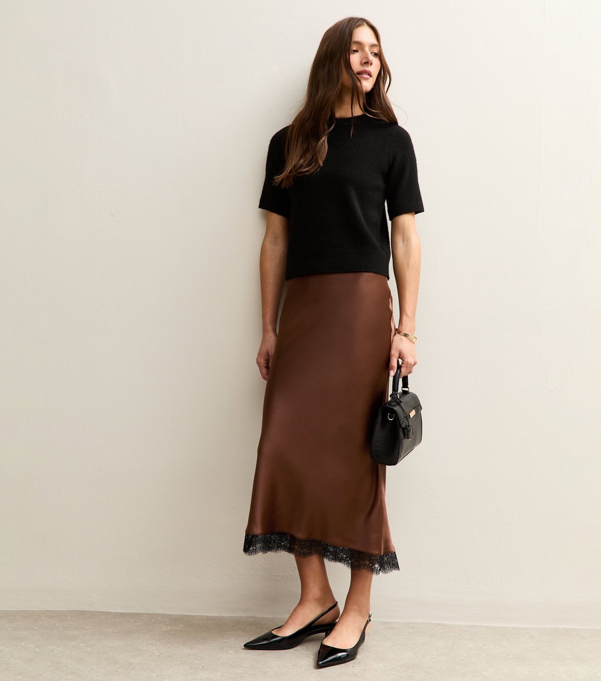 New Look Women's Dark Brown Lace Trim Midi Satin Skirt New Look - 3