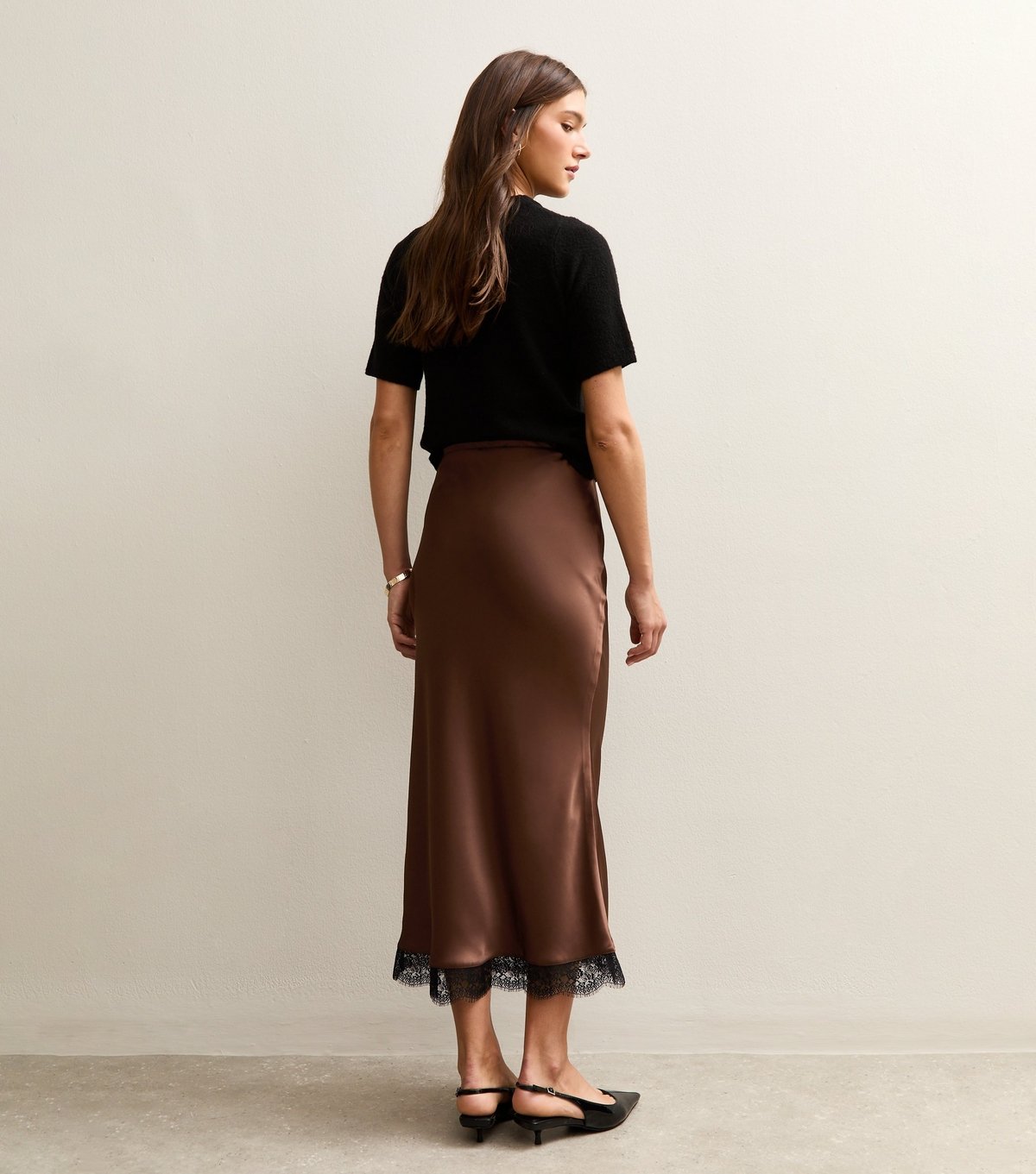 New Look Women's Dark Brown Lace Trim Midi Satin Skirt New Look - 4
