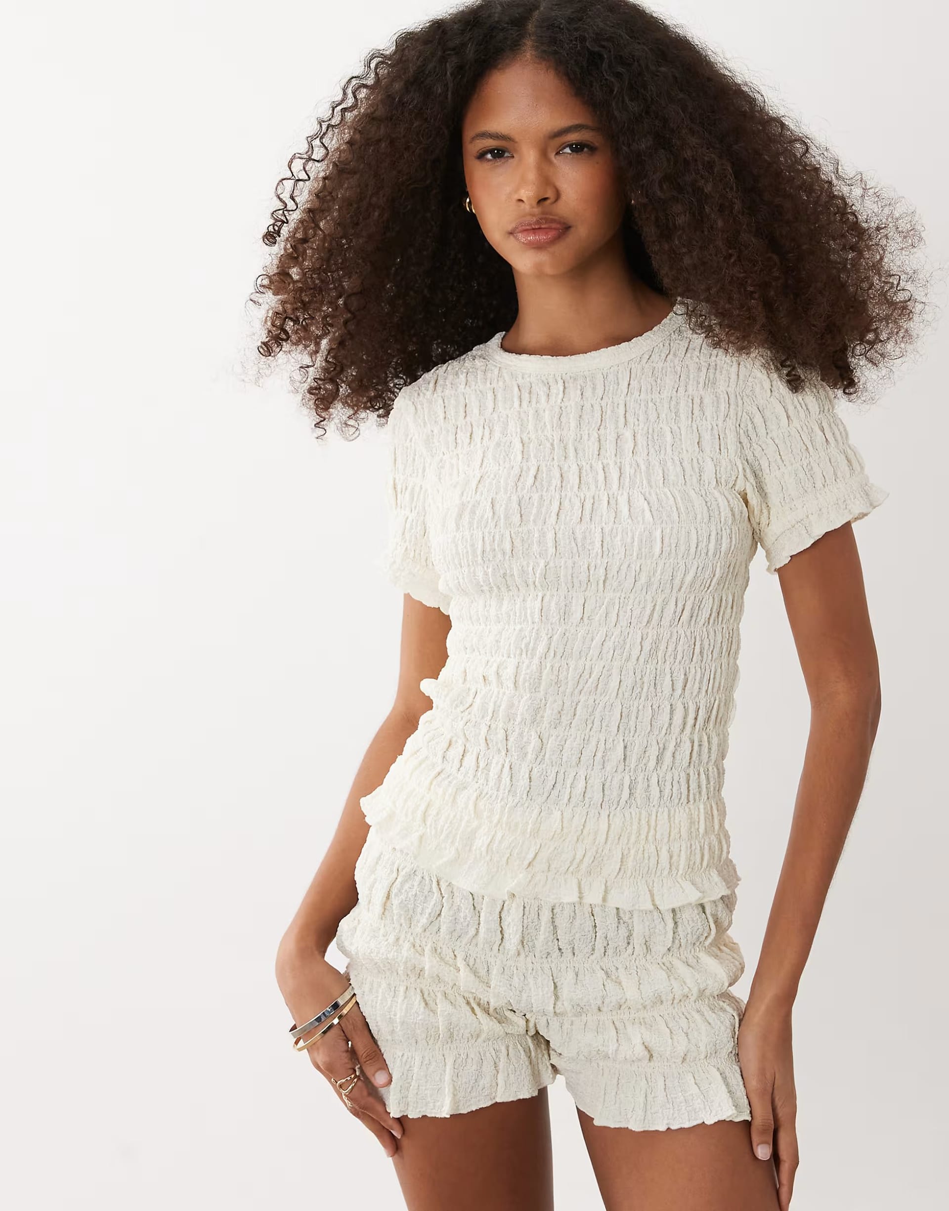 ASOS Cream Ruche Short Sleeve T-Shirt with Ruffle Detail