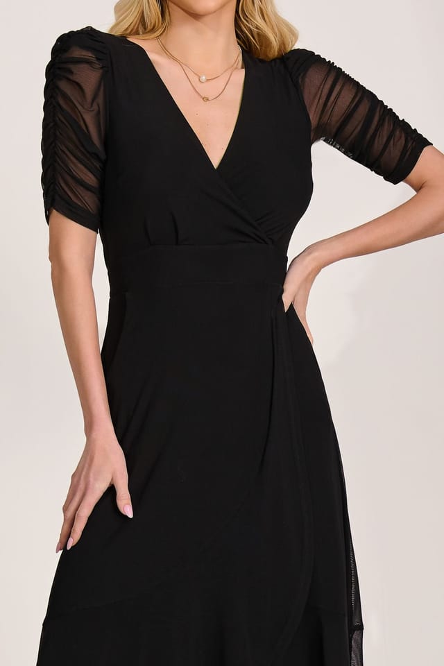 Jolie Moi Jolie Moi Women's Ruched Sleeve Mesh Maxi Dress in Black - 3