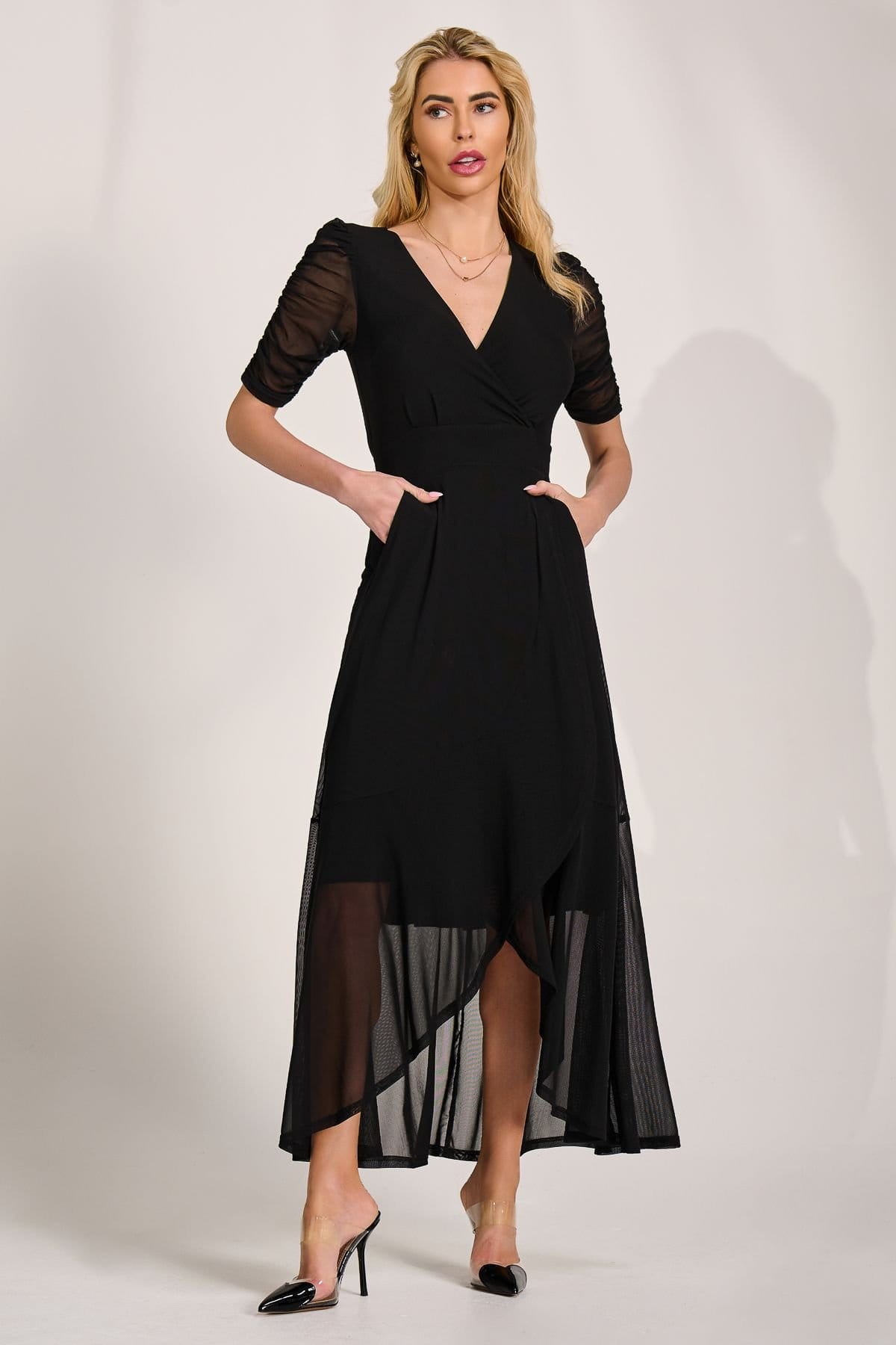 Jolie Moi Jolie Moi Women's Ruched Sleeve Mesh Maxi Dress in Black - 4