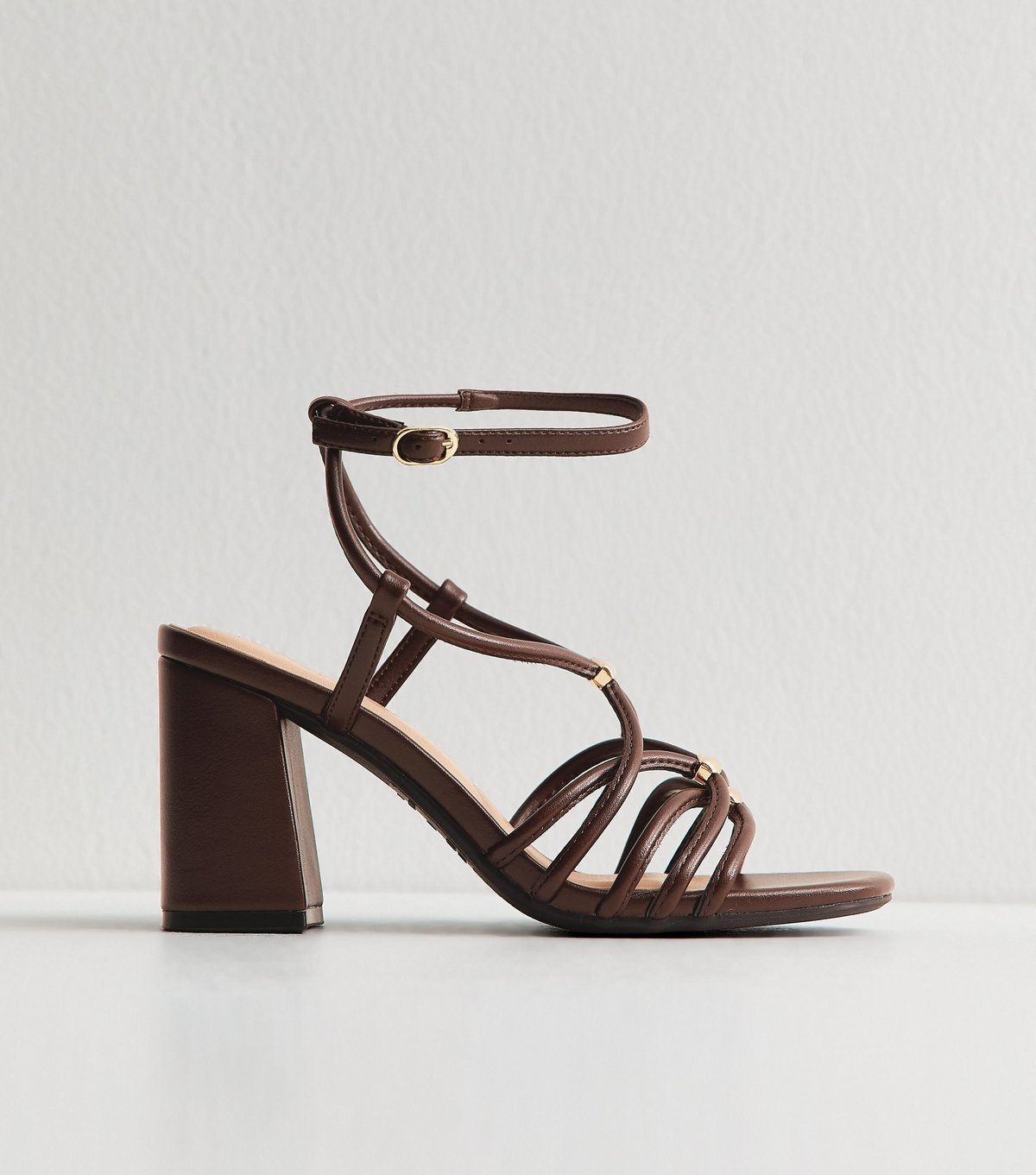 New Look Women's Dark Brown Faux Leather Strappy Hardware Block Heel Sandals Vegan New Look - 3