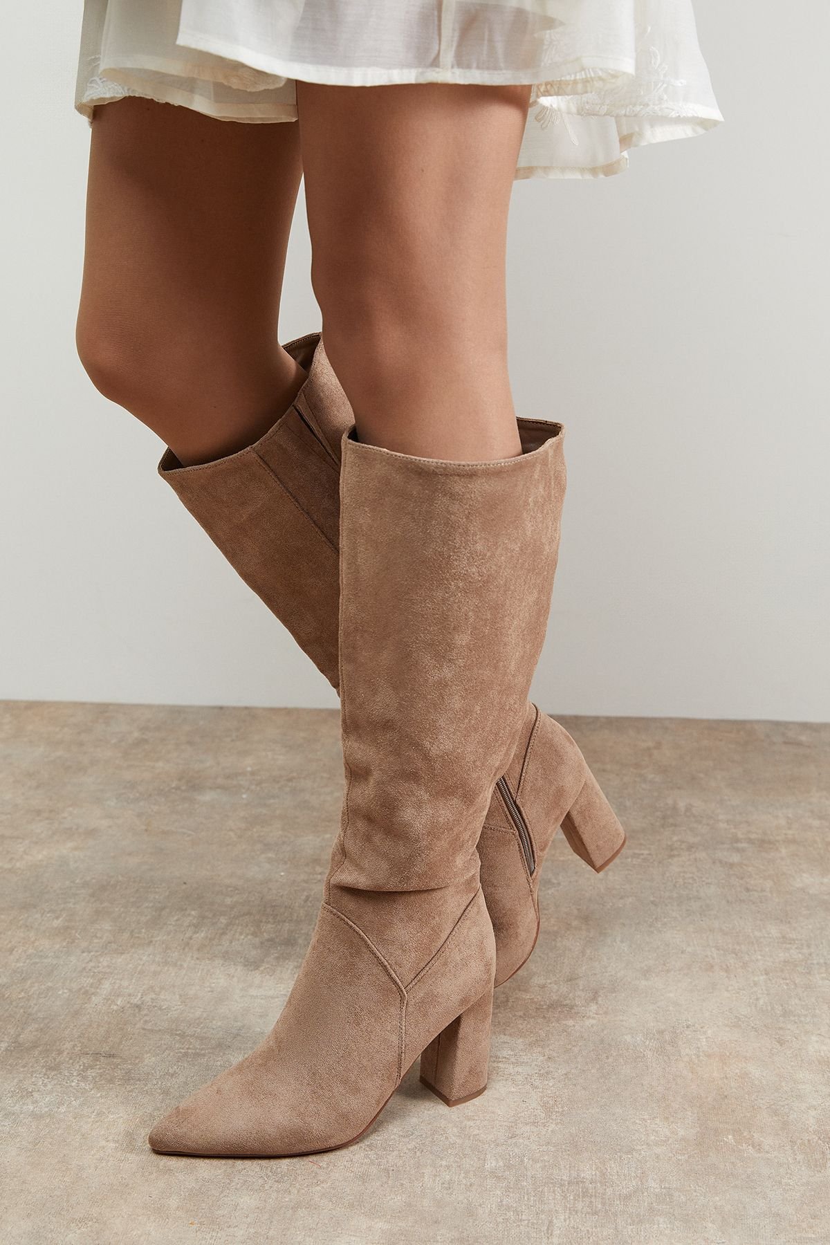 Oasis Oasis Women's Jemima Faux Suede High Block Heel Pointed Knee Boots in Taupe - 2