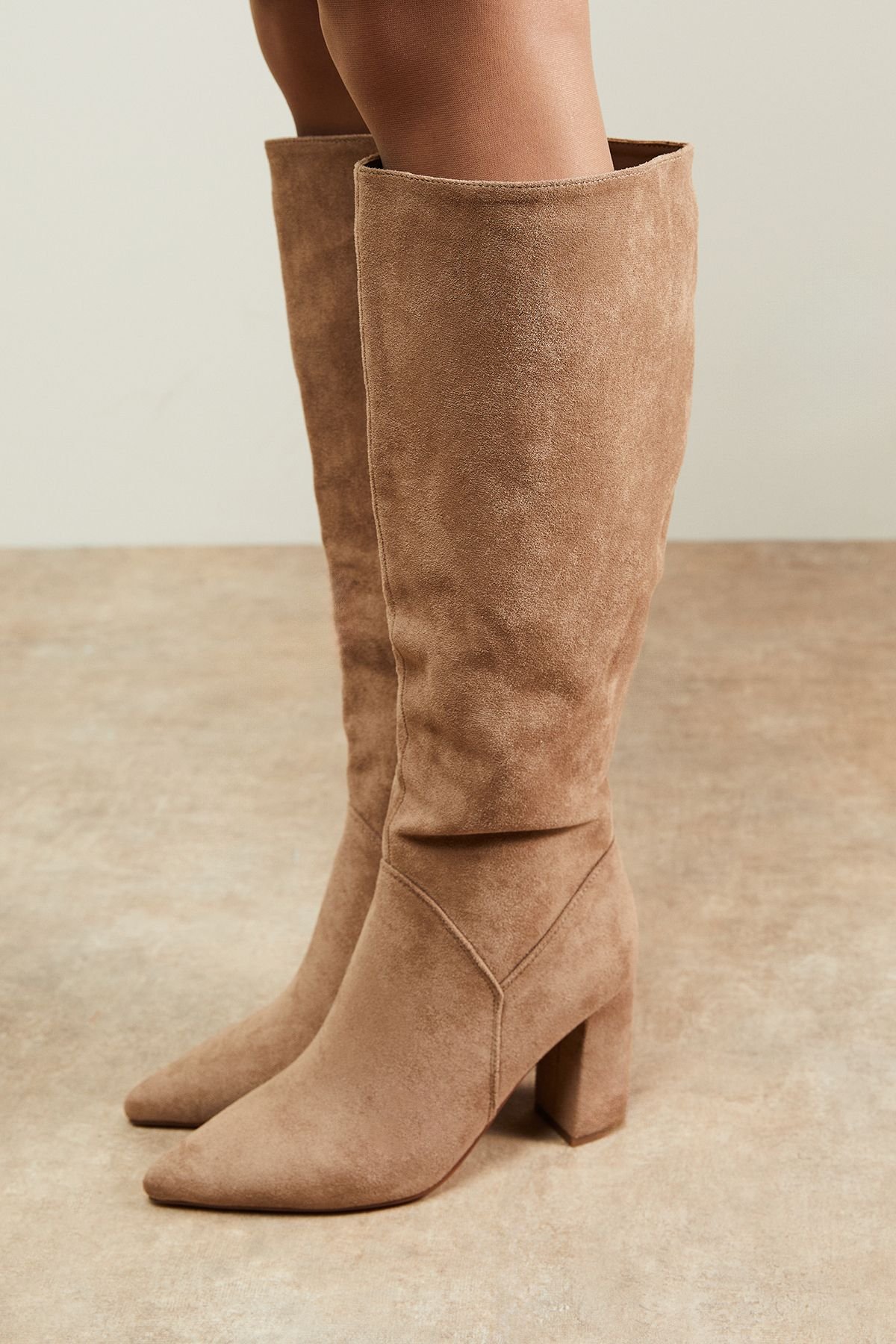 Oasis Oasis Women's Jemima Faux Suede High Block Heel Pointed Knee Boots in Taupe - 4