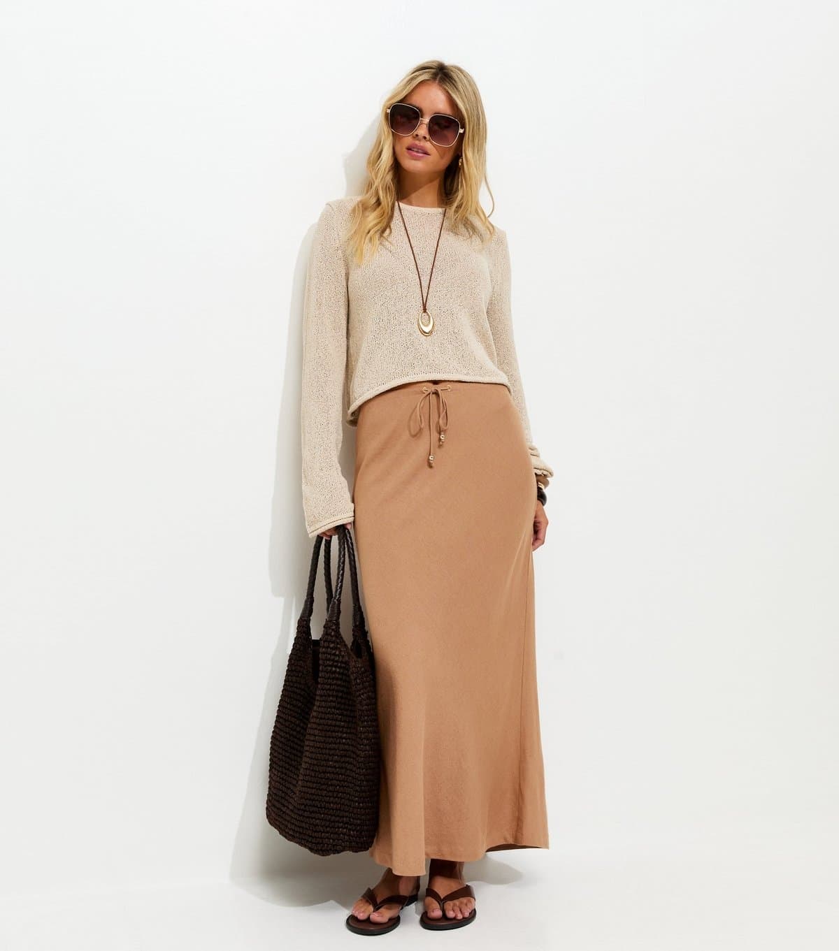 New Look Women's Petite Tan Linen Look Bias Cut Tie Waist Midi Skirt New Look