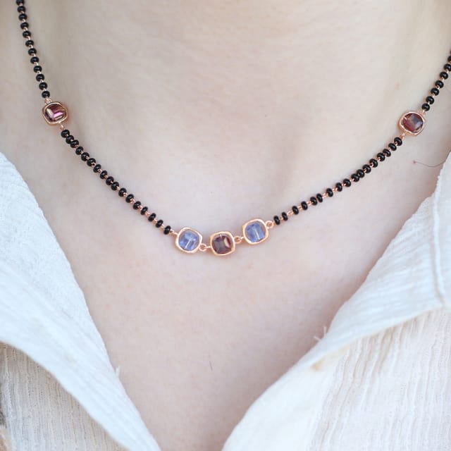 The Colourful Aura The Colourful Aura Women's Black Bead 18ct Gold Plated Blue Stone Slim Mangalsutra Necklace - 2