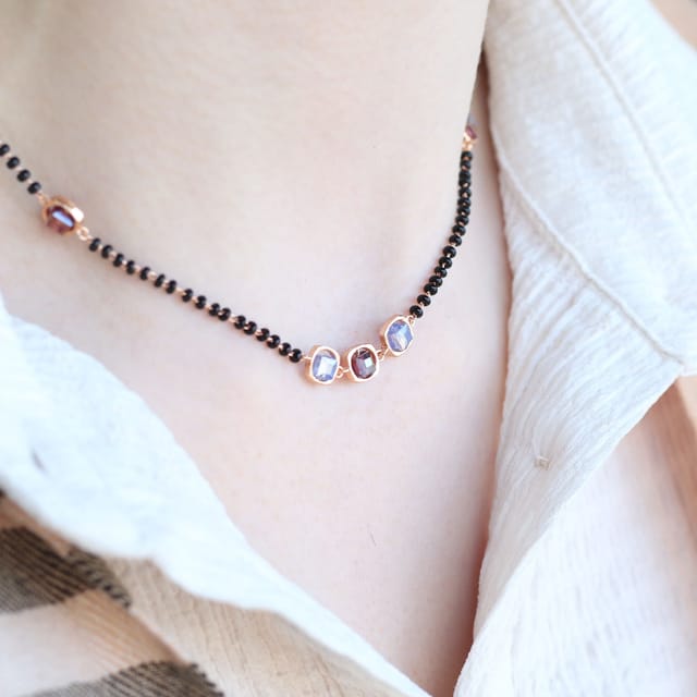 The Colourful Aura The Colourful Aura Women's Black Bead 18ct Gold Plated Blue Stone Slim Mangalsutra Necklace - 3