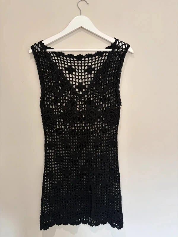 Handmade Hand Crocheted Black Boho Festival Beach Cover Up Dress Tunic Gothic Witchy UK 8 10