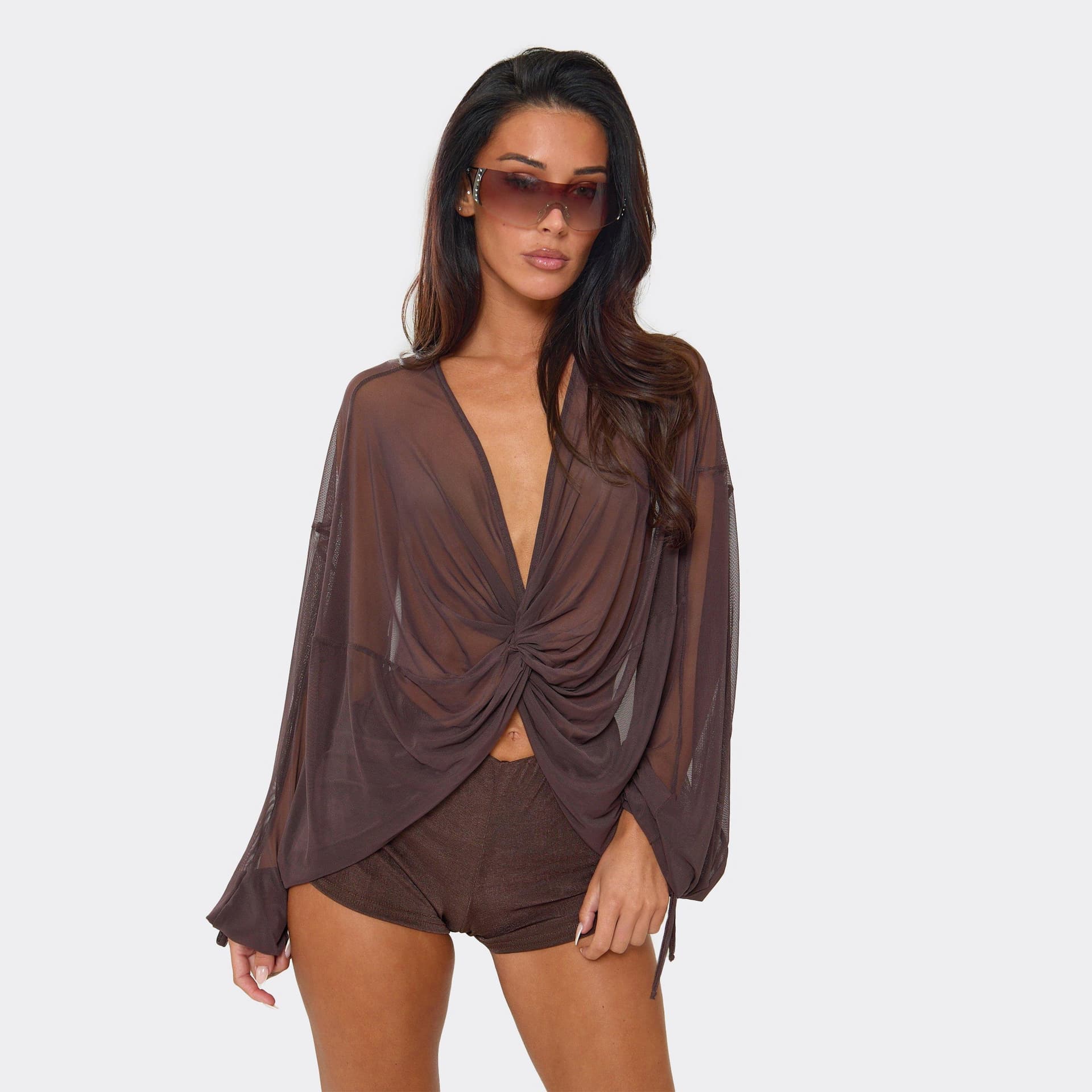 EGO Long Sleeve Knotted Front Blouson Top In Brown, Women's Size UK 4