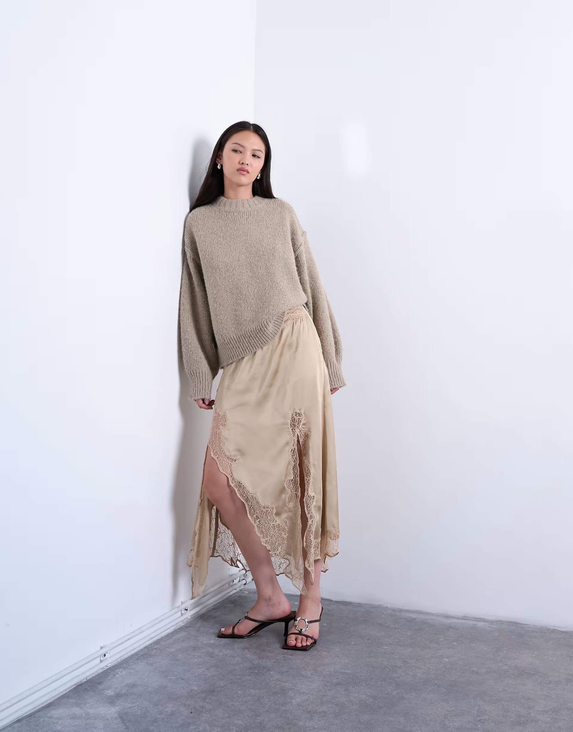 ASOS Taupe Satin and Lace Mix Hanky Hem Midi Skirt