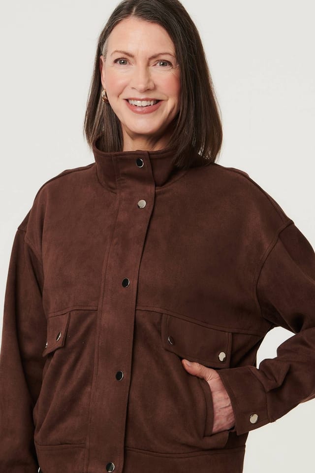 Izabel London Izabel London Women's Faux Suede Pocket Front Relaxed Jacket in Brown - 2