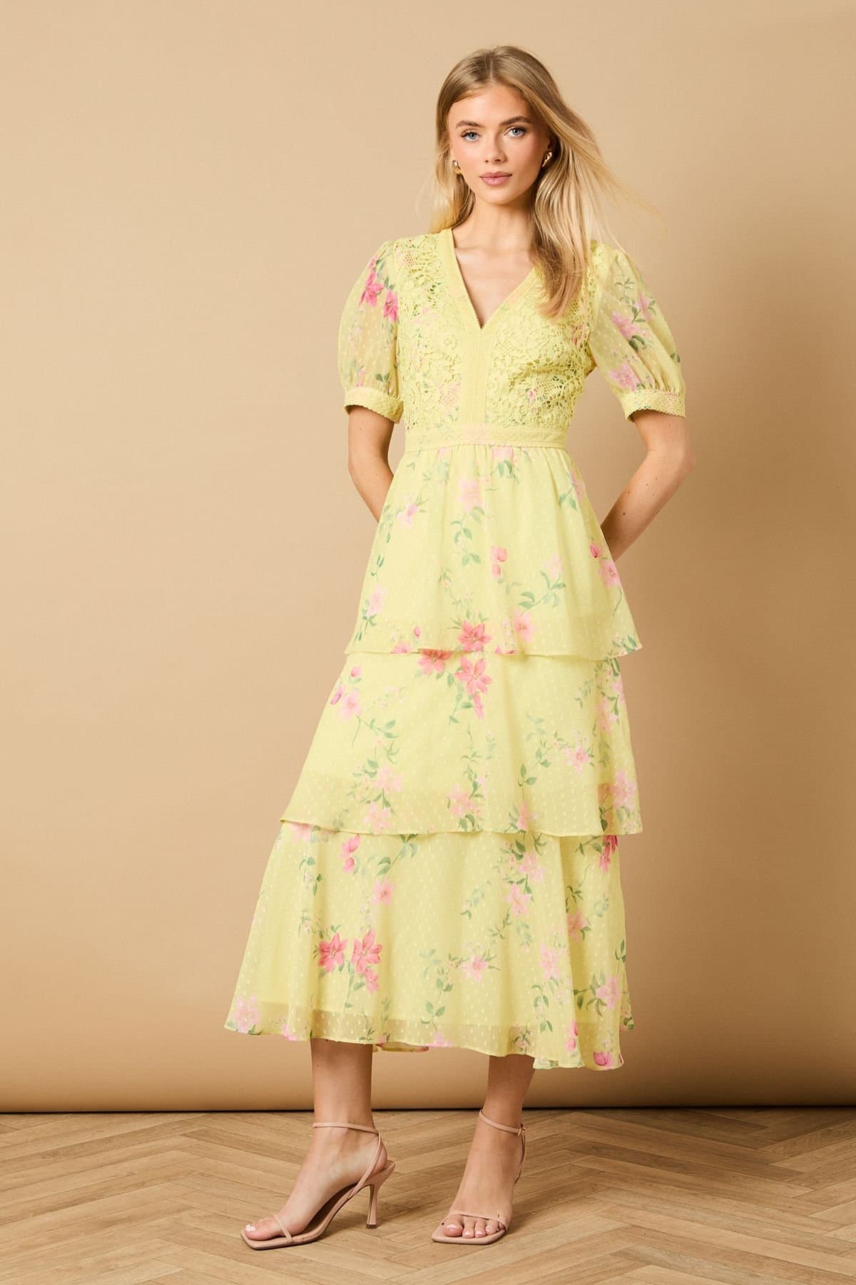 Oasis Oasis Women's Occasion Floral Lace Bodice Tiered Midi Dress in Chartreuse