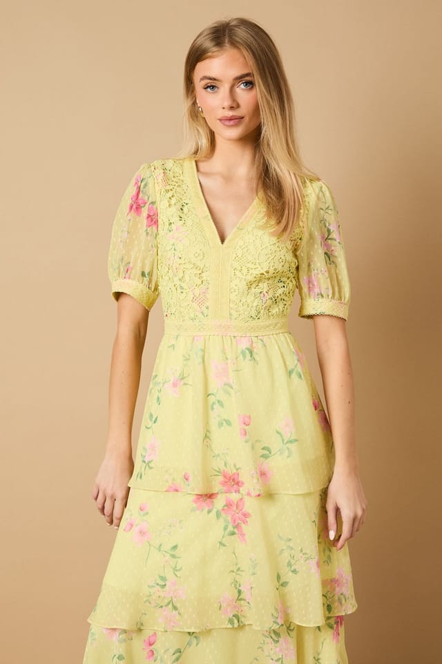 Oasis Oasis Women's Occasion Floral Lace Bodice Tiered Midi Dress in Chartreuse - 2