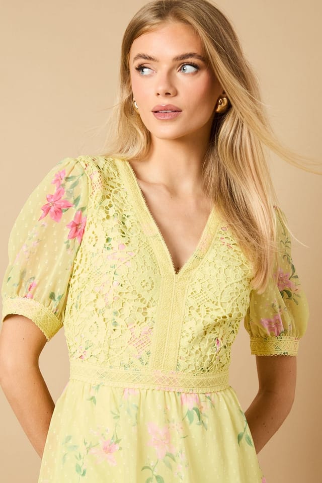 Oasis Oasis Women's Occasion Floral Lace Bodice Tiered Midi Dress in Chartreuse - 3