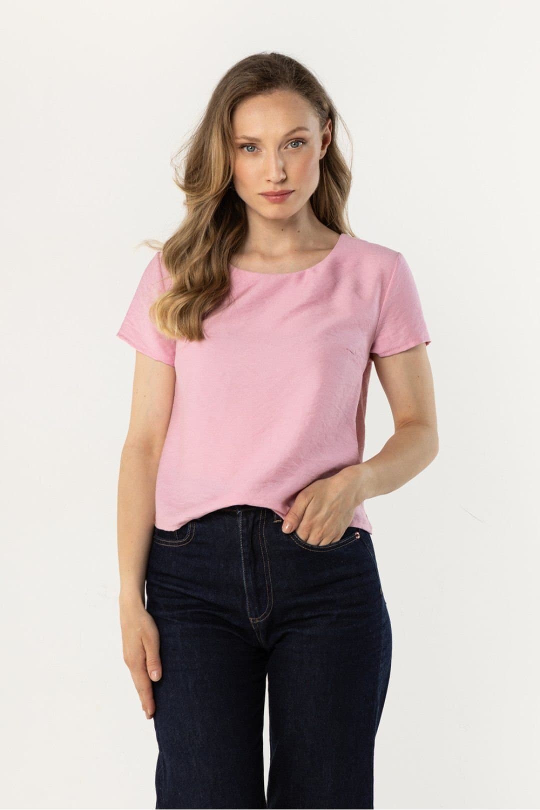 Love Lace Love Lace Women's Light Satin Finish Loose Short Sleeve Blouse in Pink