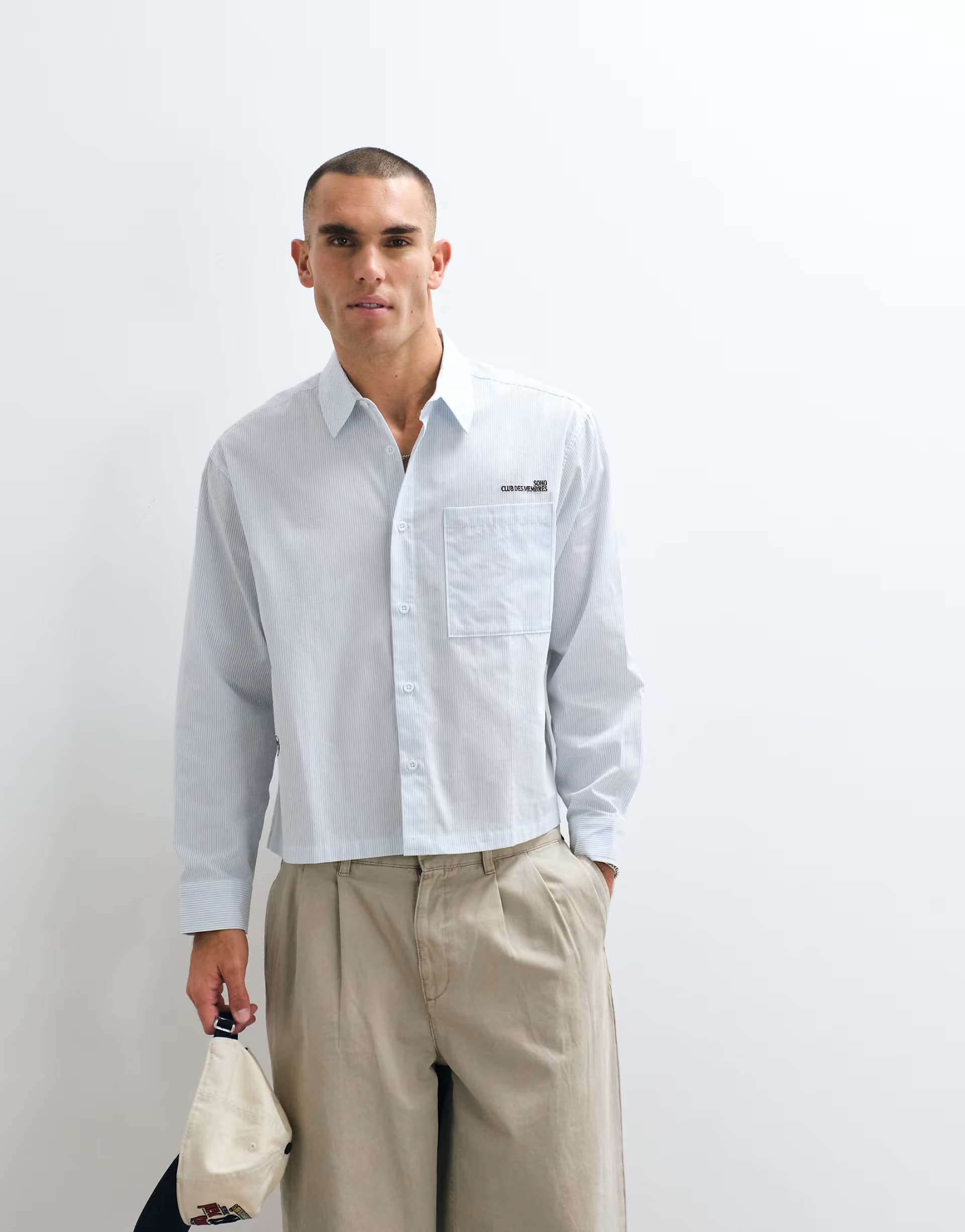 ASOS ASOS DESIGN boxy stripe shirt with placement embroideries in blue