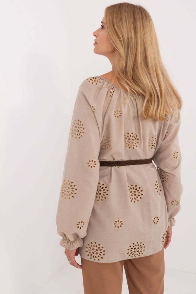 Love Lace Love Lace Women's Cotton Boho Lace Blouse with Belt in Beige - 3