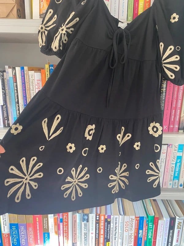 ASOS Design Black Embroidered Mini Dress UK 10 Puff Sleeve