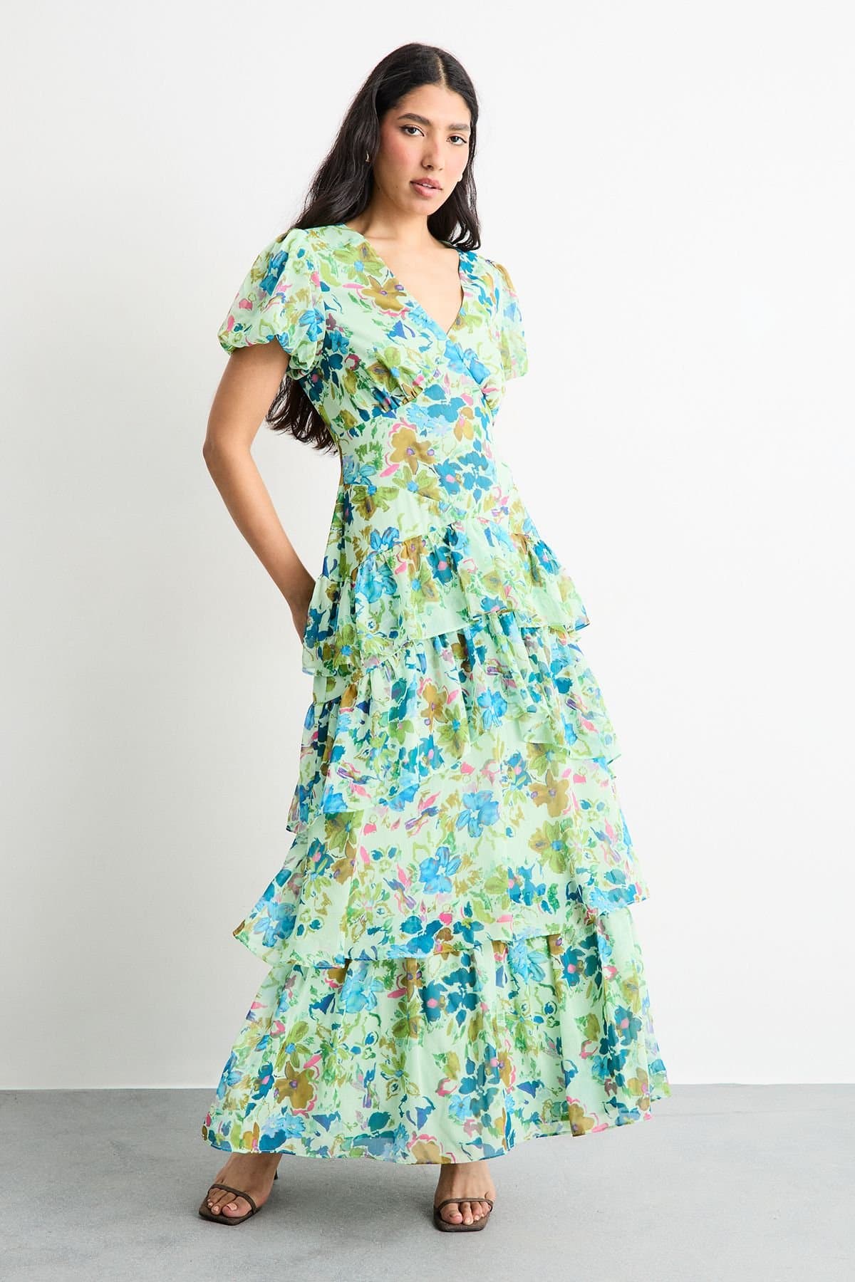 Warehouse Warehouse Women's Floral Dropped Waist Puff Sleeve Tiered Midi Dress in Green