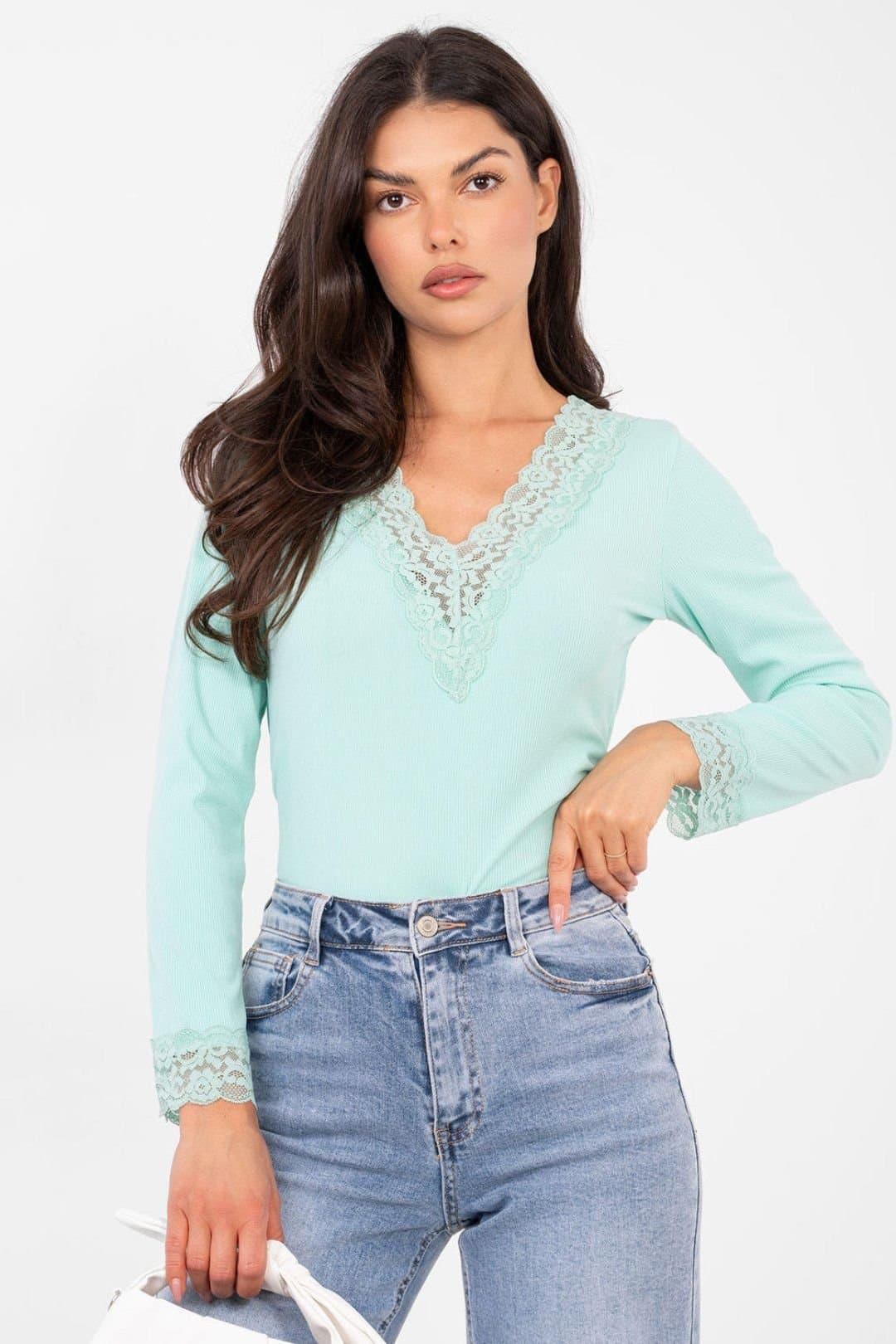 Love Lace Love Lace Women's Fitted Lace Trim V Neck Long Sleeve Blouse in Green
