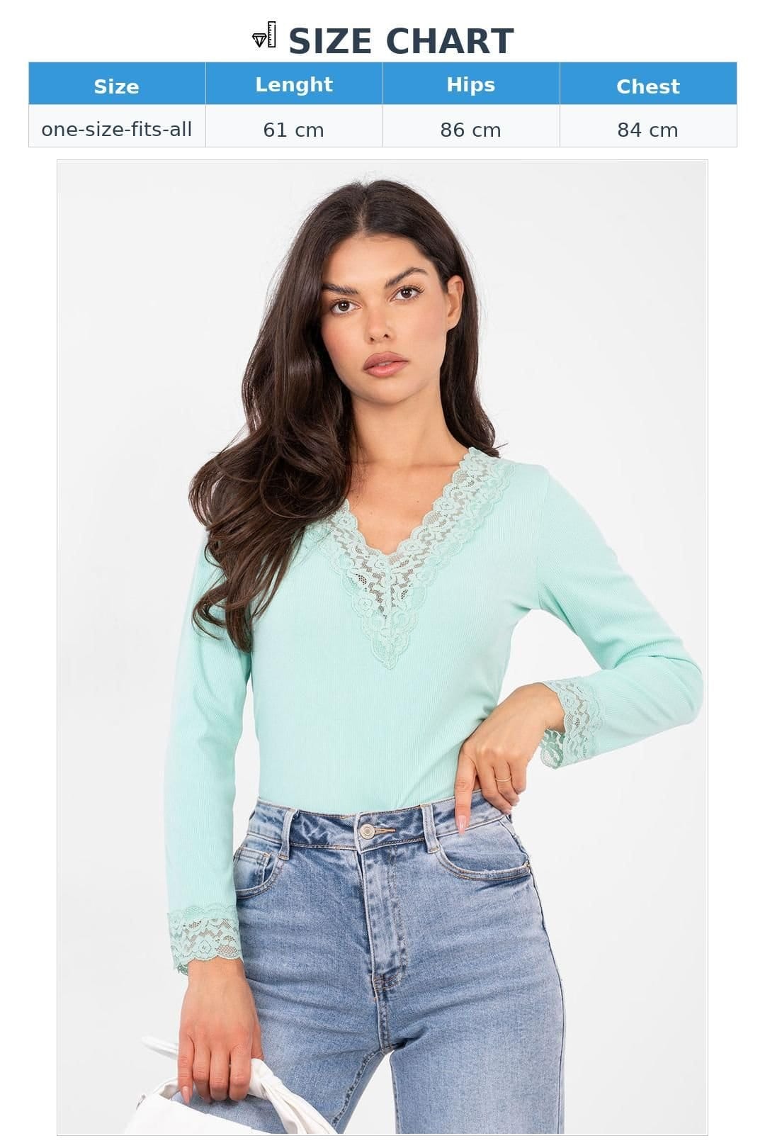 Love Lace Love Lace Women's Fitted Lace Trim V Neck Long Sleeve Blouse in Green - 4