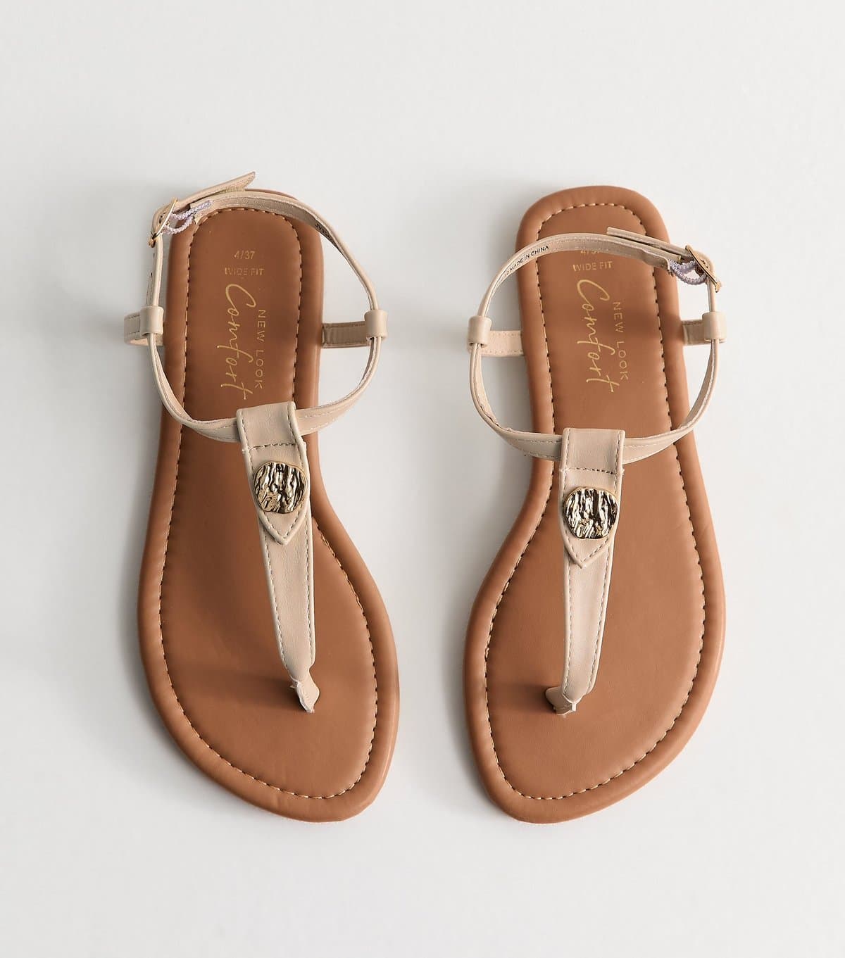 New Look Women's Wide Fit White Faux Leather Hardware Detail Toe Post Sandals Vegan New Look