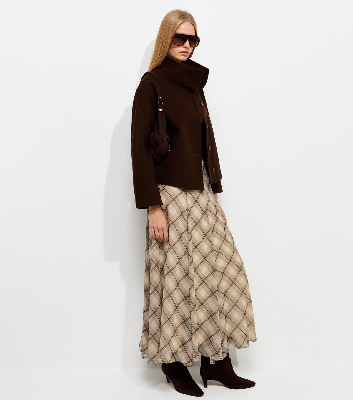 New Look Women's Cream Chiffon Check Hanky Hem Midi Skirt New Look