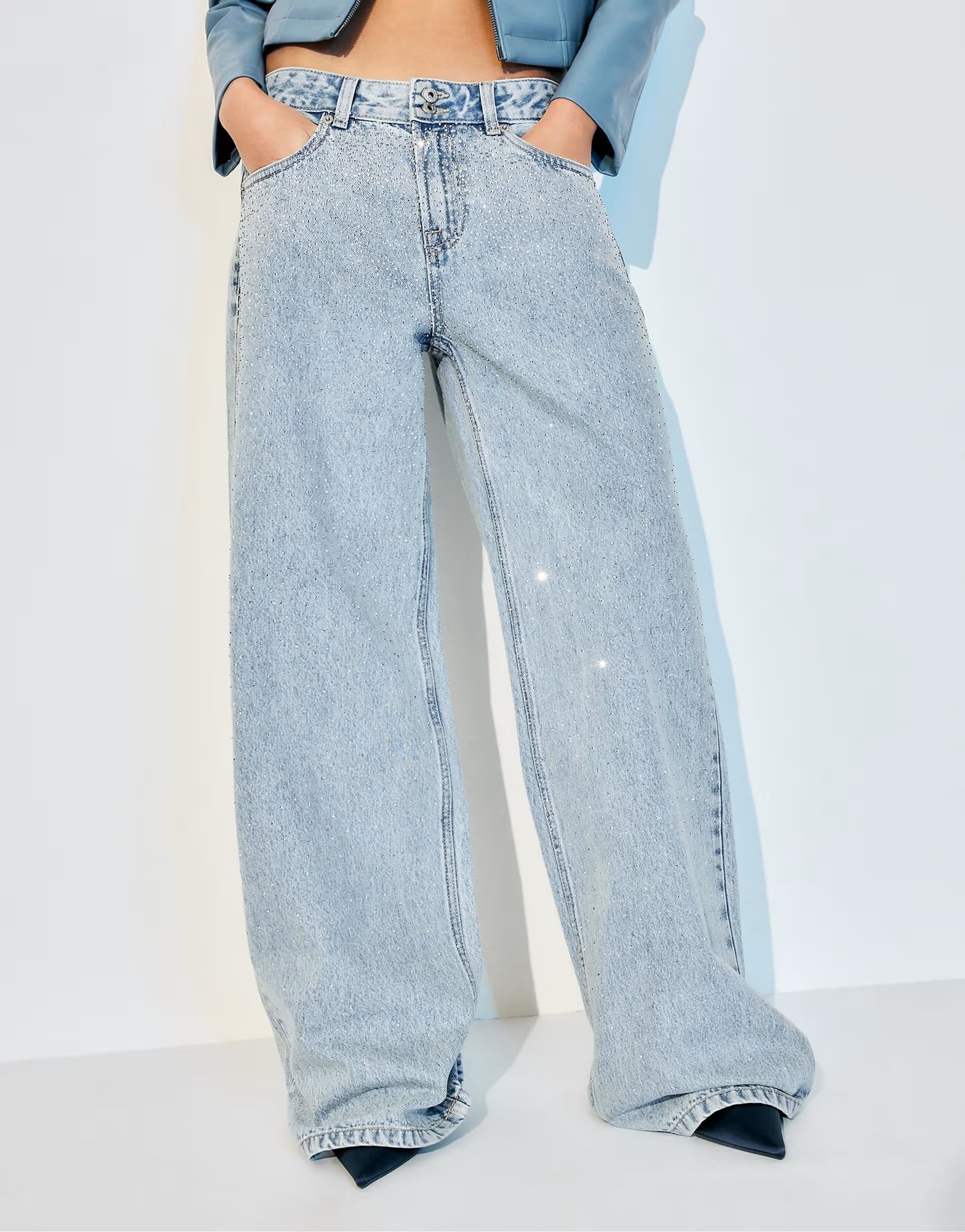 ASOS Stradivarius Low-rise wide-leg jeans with rhinestones in medium light blue denim